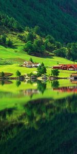 Nature,Mountain,Lake,Bank,Foot,Reflection,Shore,Summer,Village,Houses