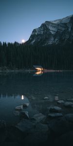 Montagne,Rive,Banque,Forêt,Nature,Lac,Loger,Nuit,Maison