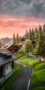 Village,Imeuble,Route,Nature,Bâtiment,Montagnes,Coucher De Soleil