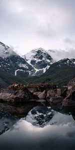 Nature,Mountains,Clouds,Lake,Reflection,Snow Covered,Snowbound,Rocks