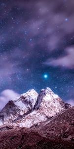 Nature,Mountains,Clouds,Top,Starry Sky,Snow Covered,Himalayas,Vertex,Snowbound