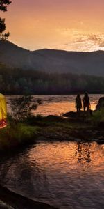 Nature,Mountains,Lake,Forest,Trumpet,Pipe,Evening,Tent,Silhouettes,Girls