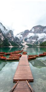 Nature,Mountains,Lake,Pier,Fog,Boats