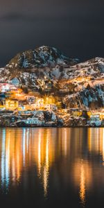 Nature,Mountains,Lake,Shine,Light,Snow Covered,Snowbound,Night,Village