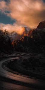 Nature,Mountains,Road,Zion National Park,National Park Of The City,United States,Usa,Turn,Sunset