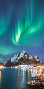 Nature,Mountains,Snow,Coast,Snowbound,Snow Covered,Houses,Northern Lights,Aurora Borealis