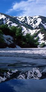 Nature,Mountains,Snow,Lake,Shore,Bank,Shadow,Foam,Slopes,Trees,Spring