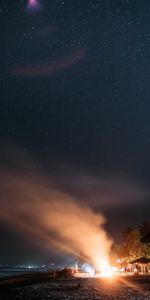 Nature,Palms,Bright,Starry Sky,Night,Smoke,Beach,Bonfire