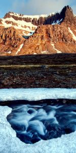 Nature,Rivers,Mountains,Snow,Shine,Light,Flow,Stream,Crust,Hole