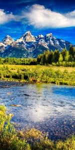 Nature,Rivers,Trees,Grass,Sky,Stones,Mountains,Brightly,Bottom,Contrast