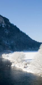 Nature,Rivers,Trees,Mountains,Rocks,Frost,Hoarfrost,Snow,Turn