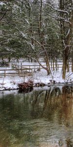 Nature,Rivers,Trees,Snow,Fence,Park,Hedge