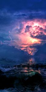 Nature,Sea,Clouds,Mainly Cloudy,Overcast,Lightning,Waves,Storm