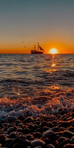 Nature,Shore,Bank,Sunset,Spray,Ship