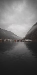 Nature,Sky,Lake,Slope,Fog,Houses