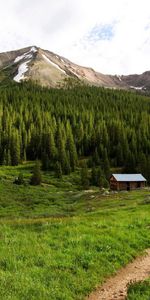 Nature,Sky,Snow,Privacy,Seclusion,Forest,Path,Tops,Houses,Mountains,Summer,Vertex