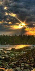 Nature,Stones,Clouds,Lake,Beams,Rays,Evening,Mainly Cloudy,Overcast,Sun,Forest