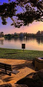 Nature,Stones,Lake,Shore,Bank,Evening,Lawn,Park,Bench