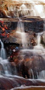 Nature,Stones,Leaves,Bright,Waterfall,Flow,Stream