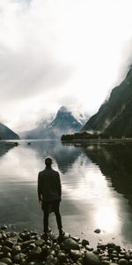 Nature,Stones,Mountains,Lake,Human,Person,Loneliness