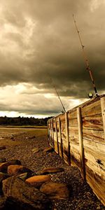 Nature,Stones,Shore,Bank,Fence,Fishing Rods,Sea