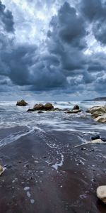 Nature,Stones,Sky,Clouds,Foam,Mainly Cloudy,Overcast,Sand,Wet,Sea,Gloomy