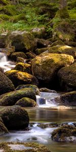 Nature,Stones,Waterfall,Flow,Moss,Lumps,Blocks