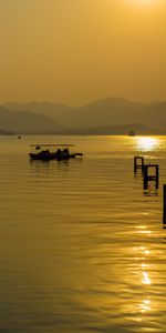 Lac,Nature,Horizon,Coucher De Soleil,Un Bateau,Bateau