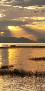 Nature,Sunset,Lake,Mountains,Golden,Boat,Gold