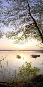 Nature,Sunset,Lake,Shore,Bank,Evening,Boats,Calmness,Tranquillity,Romance