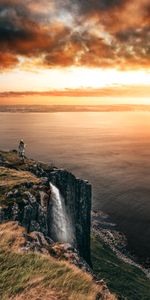 Nature,Sunset,Sea,Cliff,Waterfall,Landscape