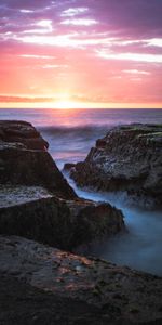 Nature,Sunset,Sea,Rocks,Horizon,Waves