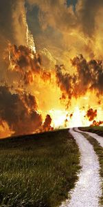 Nature,Sunset,Sky,Clouds,Field,Road