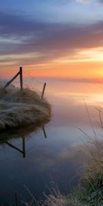 Nature,Sunset,Sky,Shore,Bank,Fence,Haze,Pegs,Hedge