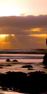 Nature,Sunset,Stones,Sea,Clouds,Lumps,Sunlight,Sun Rays,Blocks,Waves,Oregon