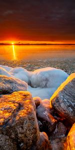 Naturaleza,Puesta Del Sol,Stones,Hielo,Orilla,Banco,Mar