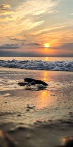 Naturaleza,Ondas,Horizonte,Costa,Piedra,Una Roca,Puesta Del Sol