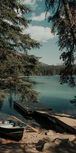 Nature,Trees,Lake,Shore,Bank,Pier,Boat