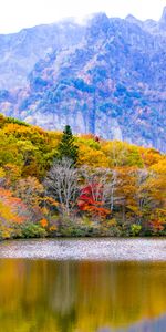 Árboles,Montañas,Lago,Togakushi,Togakusi,Naturaleza,Otoño,Japón