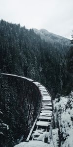 Nature,Trees,Mountains,Bridge,Snow Covered,Snowbound,Snow,Railway