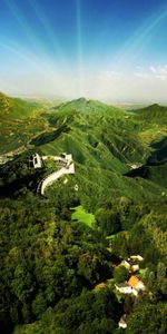 Nature,Trees,Mountains,Great Wall Of China,Beams,Rays,Sun