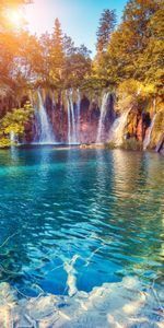 Nature,Trees,Precipice,Sunlight,Summer,Bright,Break,Waterfall