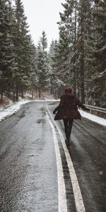 Nature,Trees,Snow,Silhouette,Road,Turn,Asphalt,Wet