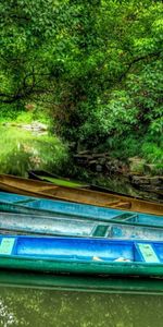 Nature,Trees,Stones,Shore,Bank,Greens,Boats,Multicolored