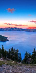 Nature,Trees,Sunset,Sky,Mountains,Clouds,Height,Islet,Stony,Rocky,Lake,Island