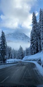 Nature,Trees,Turn,Winter,Mountains,Road,Snow