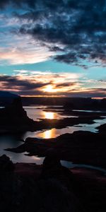 Nature,Water,Clouds,Rocks,Reflection,Outlines,Sunlight,Sun Rays,Flooded,Submerged,Sunset