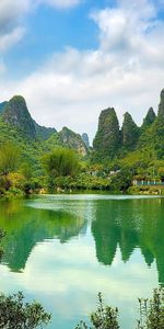 Nature,Water,Mountains,Surface,Pond,Shores,Scaffolding,Woods,Shore,China