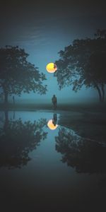 Nature,Water,Trees,Reflection,Fog,Cyclist,Moon