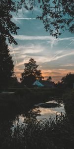 Nature,Water,Trees,Sky,Branches,Sunset,Lodge,Small House